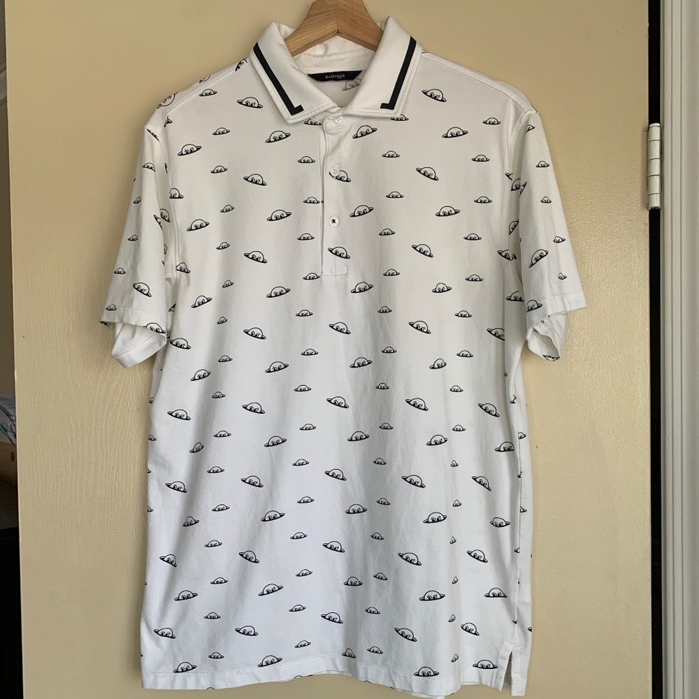 Radmor Men's Polo Golf Shirt Sz.M Pima Cotton White Blue Graphic Golf Ball Print - Picture 10 of 10